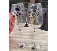 Dreamair Hand Painted 45th Sapphire Anniversary Pair of Wine Glasses Flowers/Heart Design