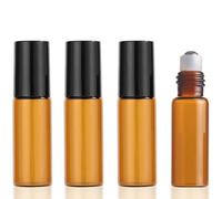 DreamAug 4Pcs 5ml Amber Glass Roller Bottles with Black Metal Roller Balls - Empty Essential Oil Roll-On Bottles for Aromatherapy, Perfumes, and Massage