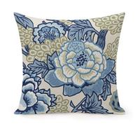 DreamAutumn Chinoiserie Peony Flower Blue And Khaki Throw Cushion Covers for Home Couch Sofa Car Office Bed Living Room Decor Retro Farmhouse Pillow Covers 26x26in Linen Pillowcase Holiday