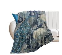 DreamAutumn Navy Blue Chinoiserie Peacock Throw Blanket - Warm Comfy Super Soft & Plush Flannel Throws for Bed Couch Sofa Office - Lightweight Cozy Fuzzy Blankets for Kids Women Men 40x50in