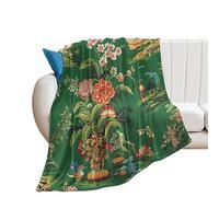 DreamAutumn Thicken Throw Blankets Green Red Colorful Chinoiserie Floral Flannel Fleece Blankets for Bed Couch Sofa Chair, Microfiber Warm Cozy Fuzzy Plush Super Soft Blanket for Hot Sleepers 70x80in