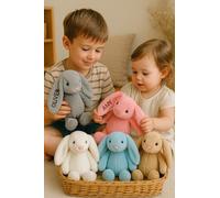 DreamBuy Personalised or Plain Plush Bunny Soft Toy, Grey and Beige, Custom Name Embroidery, Baby Gift (White)
