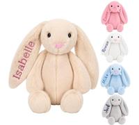 DreamBuy Personalised or Plain Plush Bunny Soft Toy, Grey, White, Pink or Beige, Custom Name Embroidery, Baby Gift for Easter (Beige)