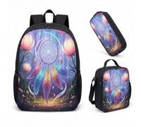 Dreamcatcher 17 Inch Backpack 3 Piece Set Magical Feather School Bag for Girls Mystical Forest Fantasy Print Daypack (03)