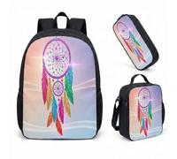 Dreamcatcher 17 Inch Backpack 3 Piece Set Magical Feather School Bag for Girls Mystical Forest Fantasy Print Daypack (07)