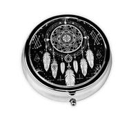 Dreamcatcher Bohemian Moon Round Pill Box with 3 Compartments, Mini Metal Pill Organizer for Purse or Pocket, Lightweight Portable for Daily Use Gifts Travel