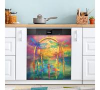 Dreamcatcher Dragonfly Dishwasher Magnet Cover for Door Front, Large Metal Decorative Kitchen Dishwasher Panel Decal Refrigerator Magnetic Decor Sticker 58 x 66 CM