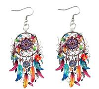 Dreamcatcher Earrings, Lightweight Acrylic Feathers Boho Dream Catcher Earrings with Vintage Floral Web Design for Women and Girls