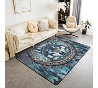 Dreamcatcher Wolf Kids Area Rug,Southwest Animal Boho Wildlife Indoor Floor Mat Entrance Rug for Girls Boys,Game Mysterious Tribal Non Slip Rug,Dark Blue Couch Living Room Decor,3'x5'