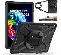 DreamerX for Microsoft Surface Pro 12 Inch Case 2025, Shockproof Rugged Drop Protective Cover w/Rotating Stand Hand Strap Carrying Shoulder Strap Pen Holder, Compatible with Type Cover Keyboard Black