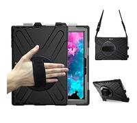 Microsoft Surface Pro 7 / Pro 6 / Pro 5 / Pro 2017 / Pro 4 / Pro LTE Case, Protective Rugged Cover Case w/Pen Holder Hand Strap Rotating Kickstand Shoulder Strap, Rugged Shockproof Silicone Case Black