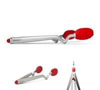 Dreamfarm Clongs | Non-Scratch, Stainless-Steel Click-Lock Sit Up Tongs with Silicone Heads | Stainless Steel | Red, 12 Inches