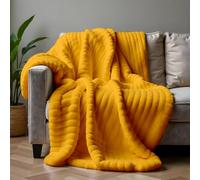 Dreamfox Faux Fur Throws Fluffy Blanket Super Soft Striped Lightweight Striped Touch Luxury Blanket Thick Throws Soft Blankets for Bed, Sofa, Couch Home Décor (Ochre, King (200 x 240 CM))