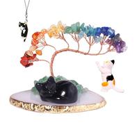 Dreamgirl Black Obsidian Chakra Crystal Tree and Healing Stones Cute Sleeping Cat Statue Lucky Kitten Figurine Office Bedroom Home Desk Decoration Cat Lovers Gift for Women