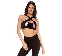 Dreamgirl Women's Multi-Purpose Active Halter Crop Top Sports Bra with Criss-Cross Design, Opaque, Black/Pink, M