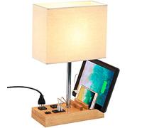 Dreamholder Desk Lamp with 3 USB Charging Ports, 2 AC Outlets and 3 Phone Stands, Modern USB Table Lamp with Natural Wooden Base and Cream Linen Shade