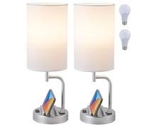 Dreamholder Table Lamp, Bedside Lamp with USB C&A Charging Ports, Dimmable LED Desk Lamp with 3-Color Modes with Phone Stands, for Bedroom, Living Room, Office, Silver(Set of 2, Bulb Included)