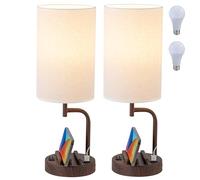 Dreamholder Table Lamp, Bedside Lamp with USB C&A Charging Ports, Dimmable LED Desk Lamp with 3-Color Modes with Phone Stands, for Bedroom, Living Room, Office, Walnut Grain(Set of 2, Bulb Included)