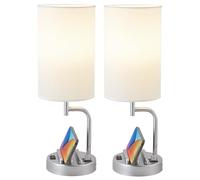 Dreamholder Table Lamp, Bedside Lamp with USB C&A Charging Ports, LED Desk Lamp with 3-Color Modes with Phone Stands, for Bedroom, Living Room, Office, Silver(Set of 2, Bulb Included)