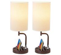 Dreamholder Table Lamp, Bedside Lamp with USB C&A Charging Ports, LED Desk Lamp with 3-Color Modes with Phone Stands, for Bedroom, Living Room, Office, Walnut Grain(Set of 2, Bulb Included)