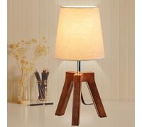 Dreamholder Wood Bedside Table Lamp, Tripod Desk Lamp with On-Off Switch, Nightstand Lamp with Fabric Shade for Reading, Bedroom, Living Room, Office, Walnut Base with Linen Shade