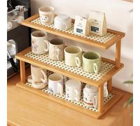Dreamhousey 2-tier Kitchen countertop spice organizer, Cup shelf, household Cupboard Cabinet coffee mug cup rack, simple dresser desktop wood small Cosmetic storage rack (3-tier(L-B))