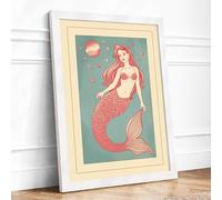 Dreaming Mermaid Vintage Framed Wall Art Print A2 (59.4×42cm) White, Wall Decor for Living Room, Bedroom, Office & Home, Ready to Hang, Art Gift