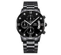 DREAMING Q&P Black Stainless Steel Men's Wrist Watches Analog Quartz Chronograph Mutifunctional Crystal Wristwatch for Man with Date Calendar