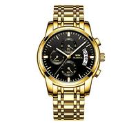 DREAMING Q&P Men's Watches Luxury Fashion Casual Dress Chronograph Waterproof Military Quartz Wristwatches for Men Stainless Steel Band Gold Black, Black, Chronograph