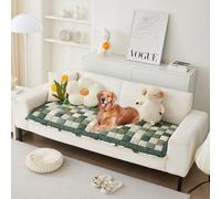 DREAMINGO Cotton Quilted Couch Cover for Dogs Washable Beige Green Checkered Couch Covers for Sofa Pet Friendly Non Slip Dog Couch Cover with Ruffle Edge Vintage Chic Pet Bed Sofa Cover, 27.6"x59.1"