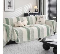 DREAMINGO Green Couch Cover Pet Furniture Protector Sofa Slipcover for Dogs Washable Chenille Throw Couch Cover Stripe Jacquard Cream Beige Couch Covers for Sectional 3 Cushion Couch Sofa, 71"x134"