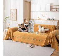 DREAMINGO Orange Boho Sofa Cover Chenille Couch Cover Blanket Vintage Bohemian Sofa Covers for 2 Cushion Couch Geometric Jacquard Sectional Couch Covers for Dogs Washable Loveseat Slipcover 71"x118"