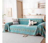 DREAMINGO Teal Boho Sofa Cover Chenille Couch Cover Blanket Vintage Bohemian Sofa Covers for 3 Cushion Couch Geometric Jacquard Sectional Couch Covers for Dogs Washable Futon Slipcover, 71"x150"