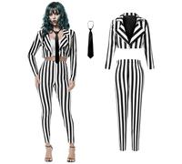 DreamJ Black and White Striped Suit Scary Halloween Couples Costumes for Women Men Horror Movie Halloween Outfits (Women, M)