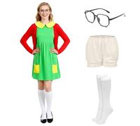 DreamJ Halloween Costume for Womens 5 PCs,Green Dresses Red Knit Cardigan Shorts Glasses Socks for Halloween Cosplay (M)