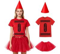 DreamJ Halloween Crayon Costume T Shirt Set for Adults Men Women,Group Halloween Couple Costumes Funny Shirt Tutu Skirt Hat (Red Women, L)