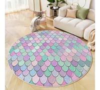 Dreamlike Art Deco Round Rug 100cm, Machine Washable Low Pile Fish Scales Geometry Printed Circle Area Rug, Non Slip Non Shedding Pink Carpet, for Bedroom Nursery Entryway Bathmat