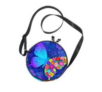 Dreamlike Blue-violet Butterfly Flowers Round Cross Body Purse for Ladies Comfort with Adjustable Strap Mini Shoulder Bag Go shopping Canvas Messenger Purse