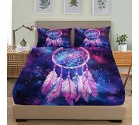 Dreamlike Dream Catcher Pattern Fitted Sheet Microfibre 3 Piece, Bedding Fitted Sheets Extra Deep 30cm Purple Bedding Sets Soft Elasticity Wrinkle Resistant for Single Bed 90x190 cm