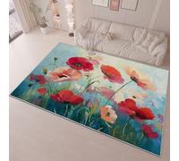 Dreamlike Oil Painting Poppies Area Rug, Extra Large Washable Rug, Soft Touch Short Pile Area Rugs Non-Slip Non Shedding, Light Blue Carpet for Living Room Dining Bedroom Office 120 x 180 cm