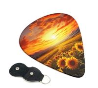Dreamlike Sunset Of A Sunflower Field Guitar Picks 6 Pcs, 0.96mm Thickness Celluloid Plectrum with Leather Picks Holder, Personalized Guitar Pick for Bass Electric Acoustic Guitars Lovers Gift