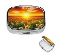 Dreamlike Sunset of A Sunflower Field Pill Box 2 Compartment Square Portable Pill Case for Pocket or Purse Pill Holder Weekly Pill Organizer Decorative Metal Medicine Vitamin Organizer Travel Gift