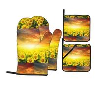 Dreamlike Sunset Of A Sunflower Field Printing Oven Mitts And Pot Holders Set 3pcs, Thick Heat-Resistant Kitchen Gloves For Cooking Baking