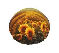 Dreamlike Sunset Of A Sunflower Field Shower Cap for Women Double Layers Thick Hair Caps Reusable Waterproof Bath Caps with Elastic Band Hair Hat Washable Shower Hat for Men Women Spa Salon