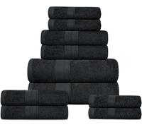 DreamNights 10 Piece Towel Set - 2 Bath Towels, 4 Hand Towels, 4 Washcloths and 2 Free Extra Mitt gloves 100% Cotton Hotel Quality Super Soft and Highly Absorbent (Black)