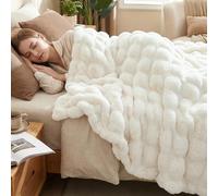 DREAMNINE Bubble Faux Rabbit Fur Throw Blanket, 130 x 150 cm, Cream White | 100% Polyester reversible bubble throw, anti-shed plush decor for couch bedroom, premium holiday gift for all ages