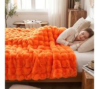 DREAMNINE Bubble Faux Rabbit Fur Throw Blanket, 180 x 200 cm, Orange | 100% Polyester reversible bubble throw, anti-shed plush decor for couch bedroom, premium holiday gift for all ages