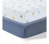 Dreamology Travel Cot Sheets 65 x 95 cm, 2 Pack, 100% Cotton Jersey, Travel Fitted Sheets, Soft & Breathable,Travel Cot Mattress Sheets,Snug Elasticated Fit, Fitted Sheets |Denim Blue/Animal