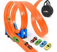 Dreamon Car Track 5M Flexible Race Track for Toy Cars Set with 1 Storage Bag 2 Ramps 4 Cars 4 Suction Cups Christmas Birthday Speed Gifts for Kids 3 4 5 6 7 8 Years Old Boys Girls