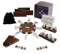 Dreamplay Gifts Mexican Train Dominoes Set with Wooden Hub, 91 Domino Tile Board Games Includes Metal Train Markers Colour Dot Double Twelve Set with 8 Wooden Tile Rack